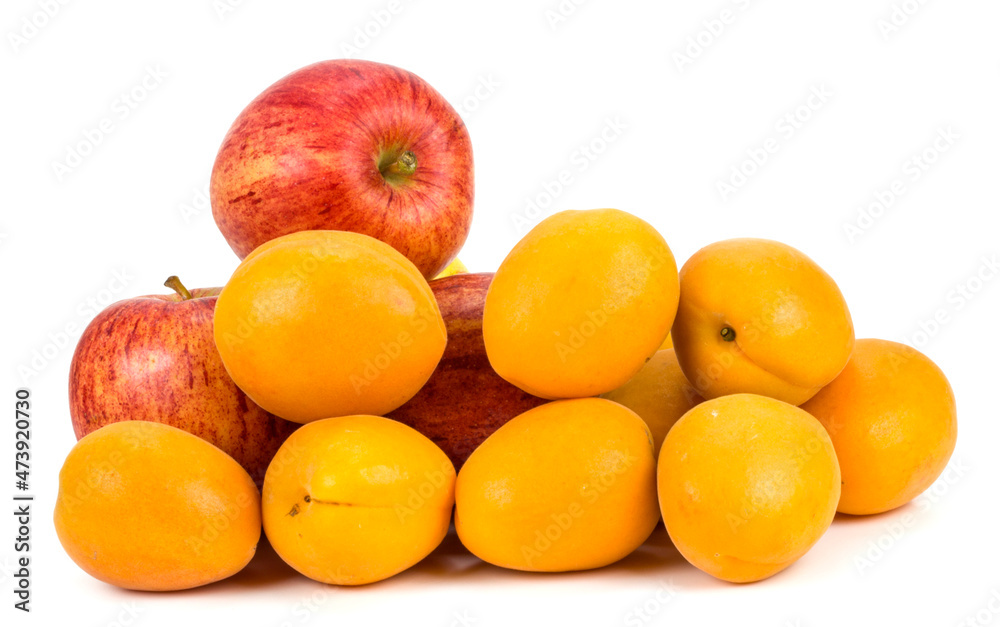 apples and plums on a white background
