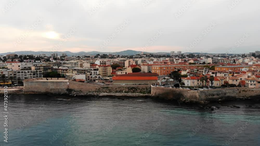 Drone shot of the old city of Antibes. Cote d'Azur of the Mediterranean Sea of France. Resort on the French Riviera Antibes. Picasso Museum. View from the drone yachts moored in the city marina. Drone shot of the old city of Antibes. Cote d'Azur of the Mediterranean Sea of France. Resort on the French Riviera Antibes. Picasso Museum. View from the drone yachts moored in the city marina.