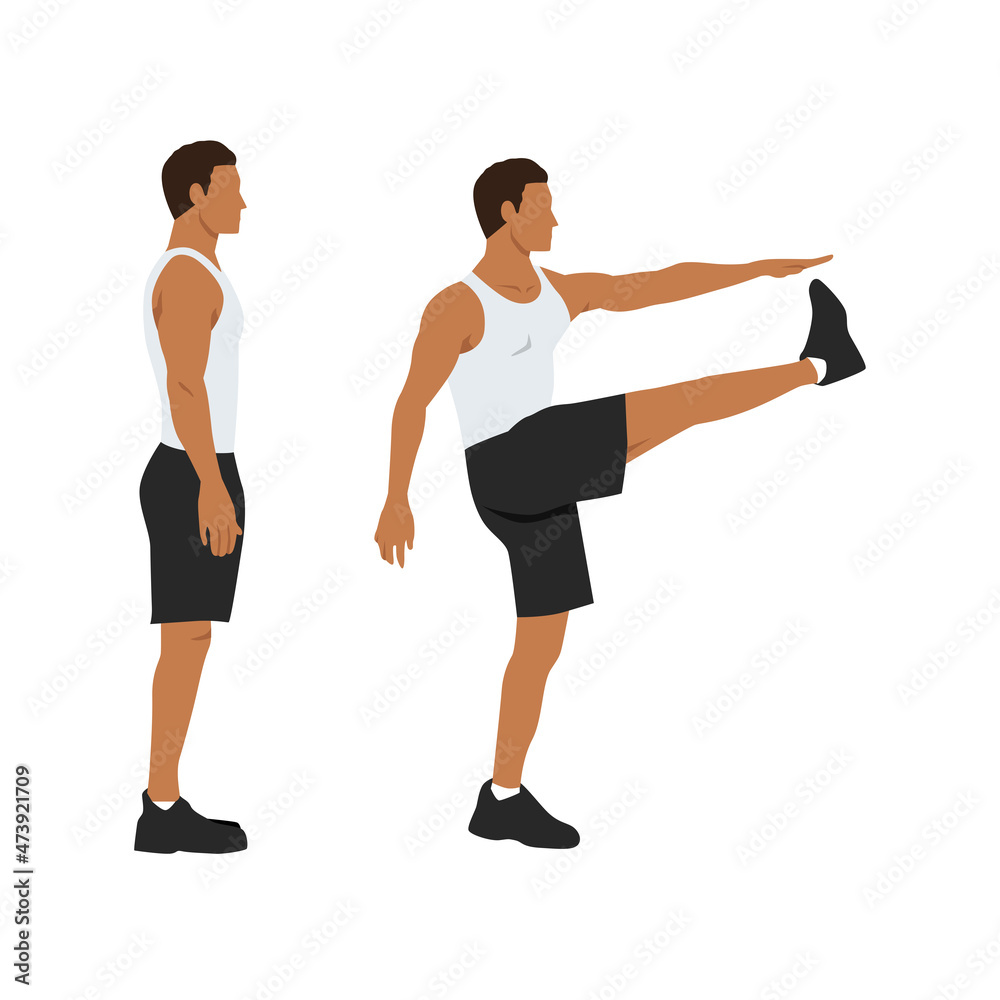 Man doing walking high kicks. Soldier march flat vector illustration. Abdominals exercise isolated on white background Man doing walking high kicks. Soldier march flat vector illustration. Abdominals exercise isolated on white background