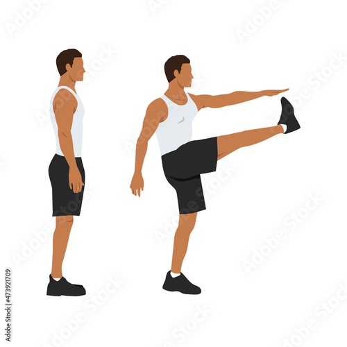 Man doing walking high kicks. Soldier march flat vector illustration. Abdominals exercise isolated on white background