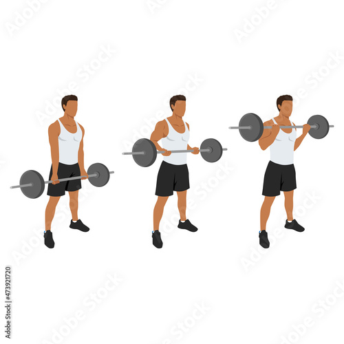 Man doing Barbell drag bicep curls exercise. 21 bicep exercise. 7 Steps.Arm workout. Flat vector illustration of a fitness man isolated on white background