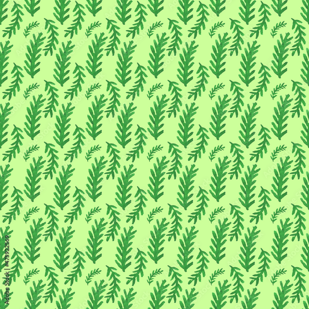 Fir branches seamless pattern. green branches of a Christmas tree on a white background. Merry Christmas and Happy New Year concept.
