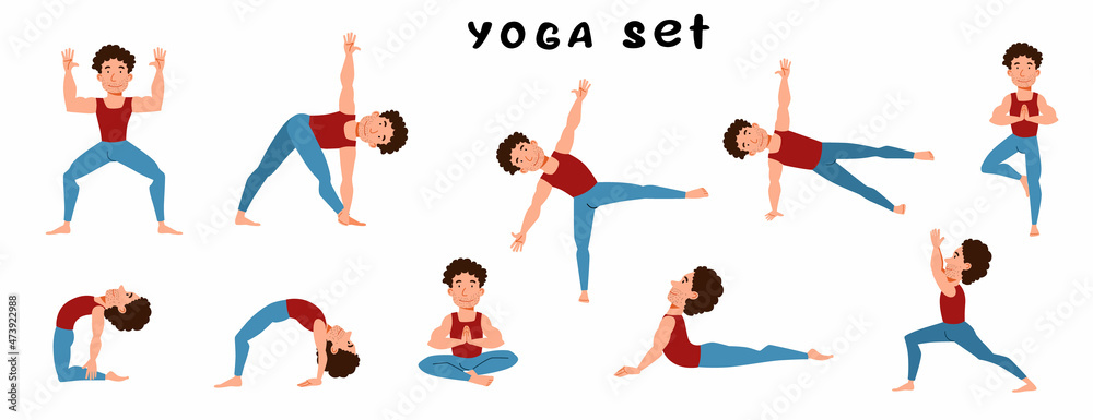 A set of a man doing yoga. Slender guy in different poses on a white background.