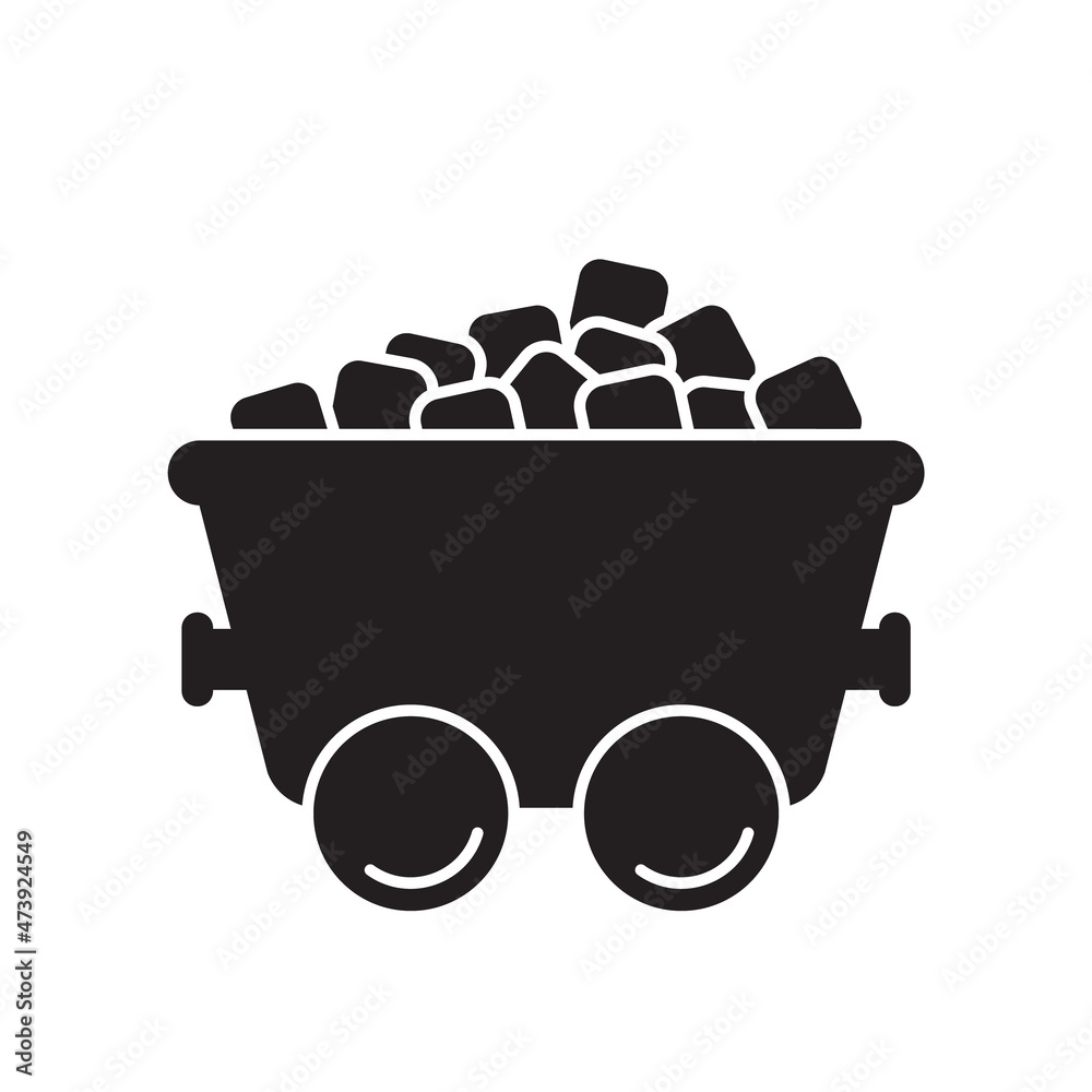 Ore cart silhouette icon. Black simple vector of rail trolley with coal ...