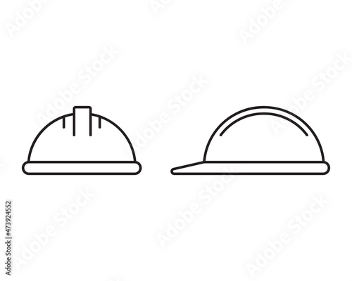 Construction helmet linear icon. Front and side views. Outline simple vector of professional head protection tool. Contour isolated pictogram on white background