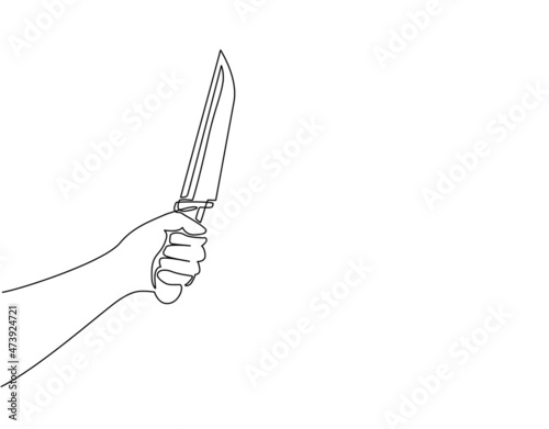 Single one line drawing hand holding kitchen knife. Hand with knife icon. Sharp, utensil. Equipment. Knife used for topics like kitchen, cooking, chef. Continuous line draw design vector illustration