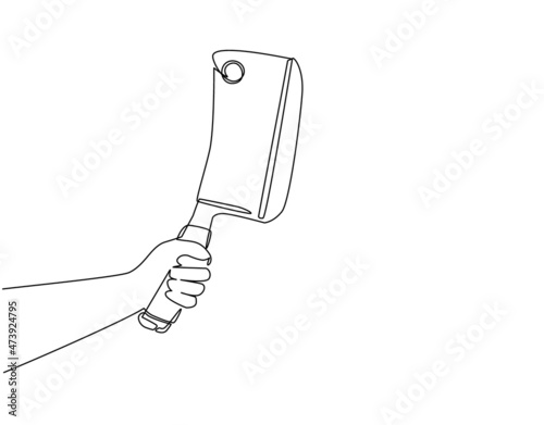 Continuous one line drawing hand holding meat kitchen cleaver, butcher knife. Sharp, utensil. Equipment concept. Cleaver used for topics like kitchen, cooking, chef. Single line draw design vector