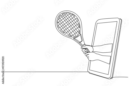 Continuous one line drawing player hand holds tennis racket through mobile phone. Smartphone with tennis games app. Mobile sports stream championship. Single line draw design vector illustration