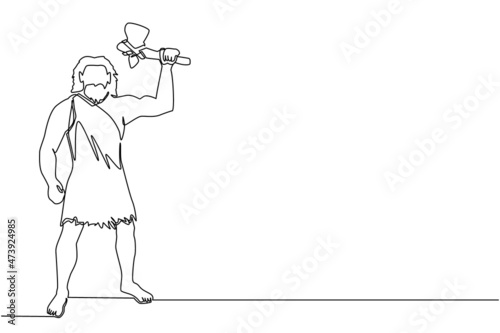 Single one line drawing caveman holding and raised stone axe overhead. Prehistoric man hunter. Ancient man is hunting animal for food. Modern continuous line draw design graphic vector illustration