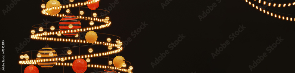 3D Baubles Hang With Swirl Lighting Garland And Copy Space On Black Background.