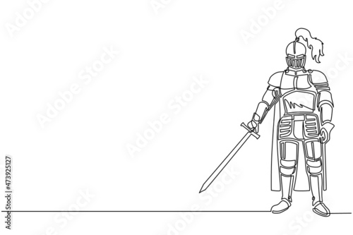 Single one line drawing medieval knight in armor, cape, helmet with feather. Warrior of middle ages standing, holding sword. Medieval heraldry symbol. Continuous line draw design vector illustration
