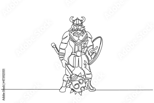 Single continuous line drawing man warrior viking in horned helmet holding mace and shield. Cartoon character male with weapon standing in belligerent pose. Dynamic one line draw graphic design vector
