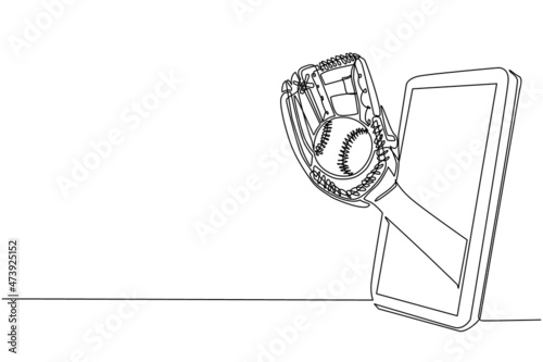 Single continuous line drawing pitcher hand holds baseball ball with glove through mobile phone. Smartphone with baseball games app. Mobile sports stream championship. One line draw design vector