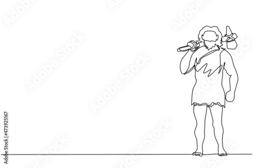 Single continuous line drawing stone age primitive man in animal hide pelt with stone axe. Prehistoric man holding stone axe on shoulders. Dynamic one line draw graphic design vector illustration