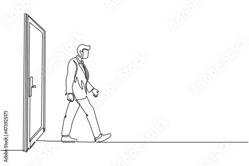 Single continuous line drawing young businessman walking and leaving closed door. New business ventures. Entering new market. Career growth. Dynamic one line draw graphic design vector illustration