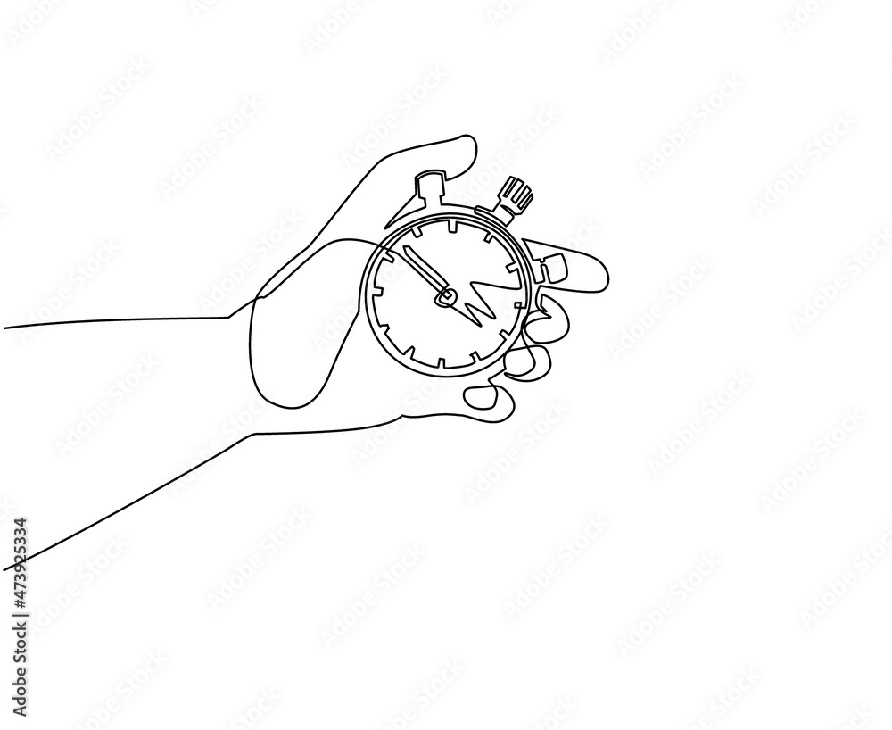 Single continuous line drawing human hand holding stopwatch. Arrow, clock,  meter. Measurement and time management concept for banner, website design  or landing web page. One line draw design vector Stock Vector