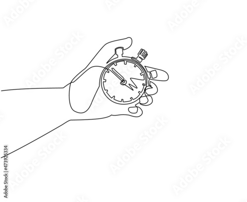 Single continuous line drawing human hand holding stopwatch. Arrow, clock, meter. Measurement and time management concept for banner, website design or landing web page. One line draw design vector