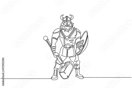 Single one line drawing man warrior viking in horned helmet holding hammer and shield. Cartoon character male with weapon standing in belligerent pose. Continuous line draw design vector illustration