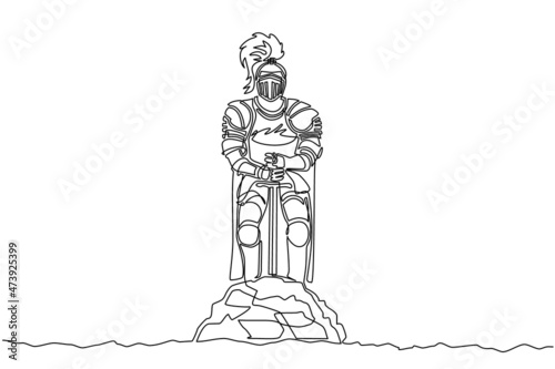 Single one line drawing medieval knight in armor, cape, helmet with feather. Warrior of middle ages standing and withdrawing Excalibur of the stone. Modern continuous line draw design graphic vector