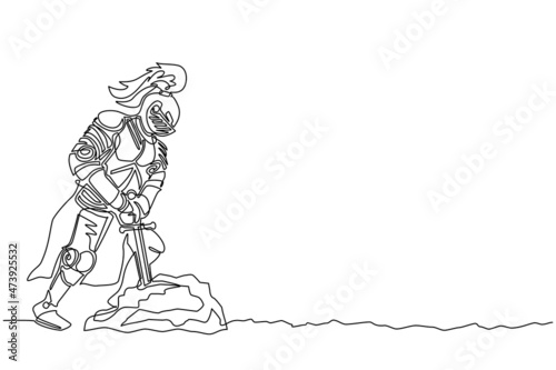 Continuous one line drawing medieval knight in armor, cape and helmet with feather. Warrior of middle ages standing tries to draw the excalibur sword from the stone. Single line draw design vector photo