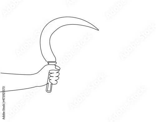 Single continuous line drawing hand holding farm sickle. Sickle agricultural hand tool for mowing grass or reaping crops, sketch engraving flat isolated. Dynamic one line draw graphic design vector