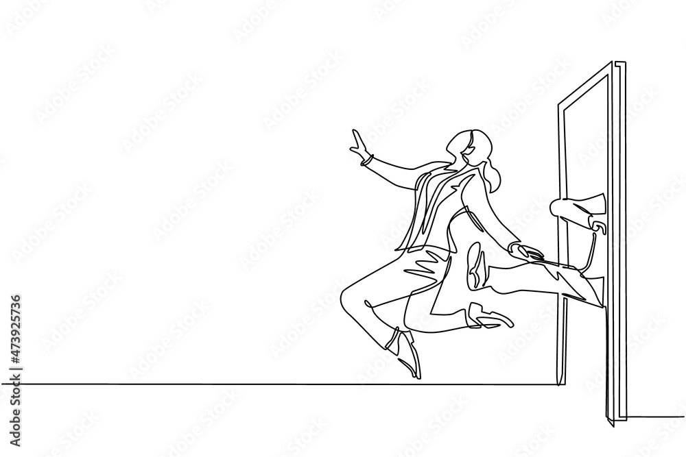 Continuous one line drawing businesswoman get kicked out of door. Dismissed from her job. Unemployment business concept. Boss kicks unnecessary employee. Single line design vector graphic illustration