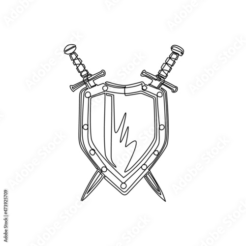 Continuous one line drawing shield and crossed swords icon, flat design swords and shield vector icon, sword icon conception with shield icon, blade and shield. Single line draw vector illustration