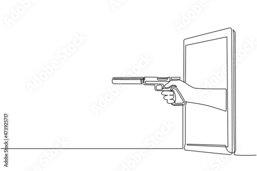 Single one line drawing hand holding pistol with silencer through mobile phone. Concept of mafia video games, e-sport, entertainment application for smartphones. Continuous line draw design vector