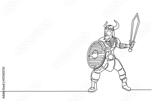 Continuous one line drawing big strong muscular orange warrior viking with sword and shield furiously attacks. Viking in horned helmet holding sword and shield. Single line draw design vector graphic
