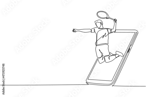 Single continuous line drawing man tennis player jump hit the ball getting out of smartphone screen. Mobile sports play matches. Online tennis game with live mobile app. One line draw design vector