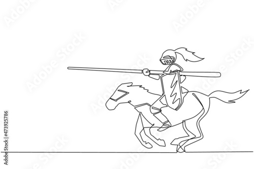 Continuous one line drawing medieval knight tournament cartoon composition with horseman in suits of armor in jousting contest. Medieval heraldry symbol. Single line draw design vector illustration