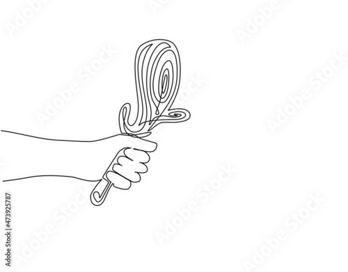 Single one line drawing hand holding primitive ancient weapon cudgel for hunting or war of cave people. Prehistoric tool for survival in stone age. Modern continuous line draw design graphic vector