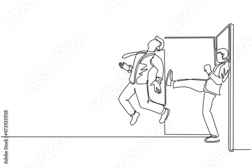 Single one line drawing businessman get kicked out of door. Dismissed from his job. Unemployment business concept. Boss kicks unnecessary employee. Modern continuous line draw design graphic vector