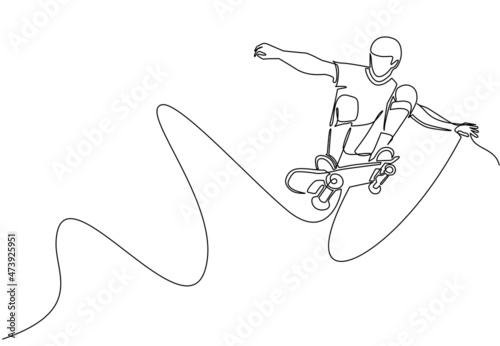 Single one line drawing young cool skateboarder man riding skateboard and doing a jump trick in skate park. Extreme teenager sport. Healthy sport lifestyle concept. Continuous line draw design vector