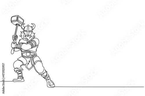 Single one line drawing viking warrior mascot swinging hammer. Viking swing attack with hammer. Viking warrior barbarian with horned helmet swinging battle hammer. Continuous line draw design vector © Simple Line