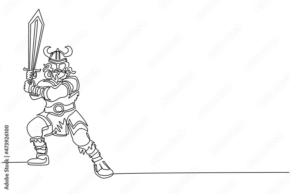 Fototapeta premium Continuous one line drawing viking warrior mascot swinging sword. Viking swing attack with sword. Viking barbarian with horned helmet swinging battle sword. Single line draw design vector illustration