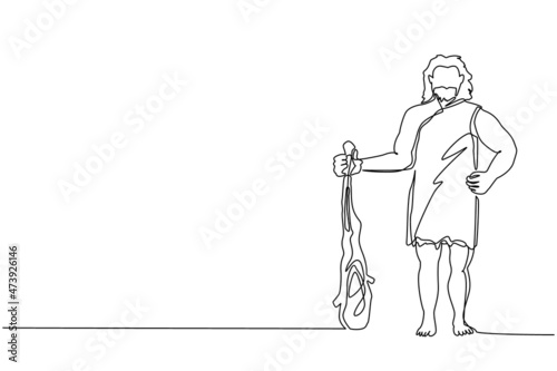 Single one line drawing caveman standing and holding big cudgel. Prehistoric bearded man dressed in animal pelt. Neanderthal hunter. Ancient homosapiens. Continuous line draw design graphic vector