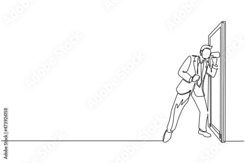Single one line drawing young man eavesdropping at the door. Curious businessman listening to conversation. Privacy violation concept. Modern continuous line draw design graphic vector illustration photo