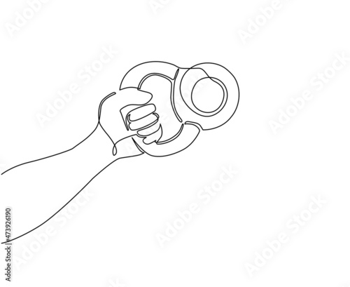 Single continuous line drawing bodybuilder hand holding kettlebell. Weight. Athlete with kettlebell for strength exercises. Equipment for sports and bodybuilding. One line draw graphic design vector