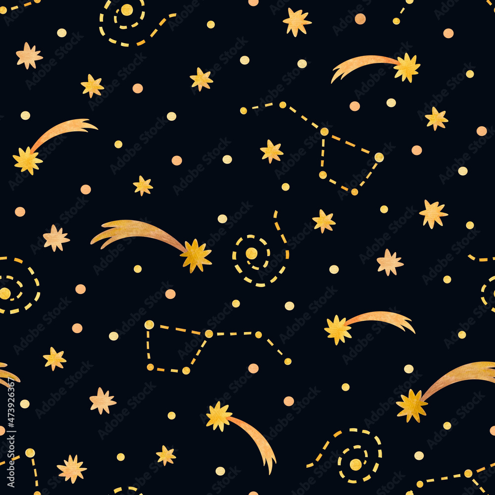 Seamless watercolor pattern with stars, moon, comets and constellations