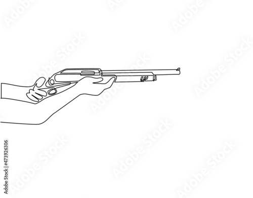 Single continuous line drawing hand holding shotgun. Shotgun personal self defense weapon. Carbine powerful hunting rifle firearm, shooting gunshot instrument. One line draw design vector illustration