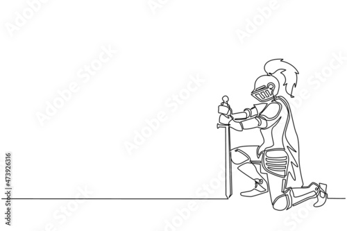 Single one line drawing medieval warrior kneeling and swearing allegiance. Knight in armor holding sword and giving oath on his knee. Modern continuous line draw design graphic vector illustration