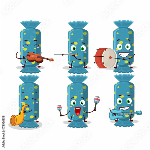 Cartoon character of blue long candy package playing some musical instruments