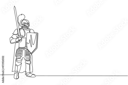 Single continuous line drawing medieval knight standing in armor and helmet holding shield and raised sword. Warrior of middle ages isolated. Chivalry figure. One line draw design vector illustration