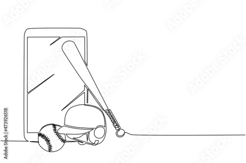 Single one line drawing smartphone and baseball equipment - helmet, baseball bats and baseball ball. Online sporting symbol and mascot. Modern continuous line draw design graphic vector illustration