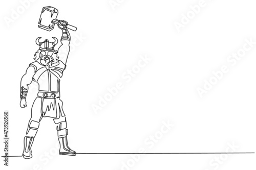 Single one line drawing nordic man holding hammer up in the air. Vector of warrior wearing viking war armor. Character from pagan and scandinavian mythology. Continuous line draw design illustration