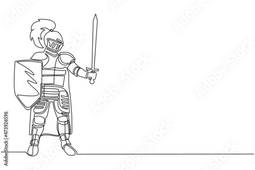 Single continuous line drawing medieval knight in armor, cape and helmet with feather. Warrior of middle ages standing, holding shield and raised sword. Chivalry figure. One line draw design vector