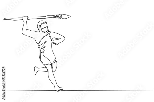 Single continuous line drawing primitive person hunts animal. Stone age hunter, man hunting an ancient animal with stone spear, caveman of prehistoric period with weapon. One line draw design vector