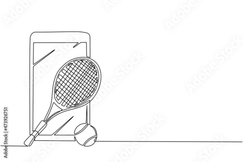 Single continuous line drawing smartphone and tennis racket and ball equipment for competition play game concept. Sport tennis tournament and championship posters. One line draw graphic design vector