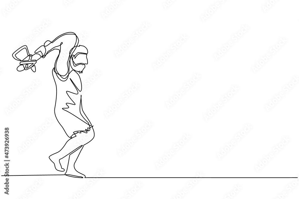 Single continuous line drawing prehistoric man holding and raised stone axes. Man hunting an ancient animal with stone axe, caveman of prehistoric period with weapon. One line graphic design vector